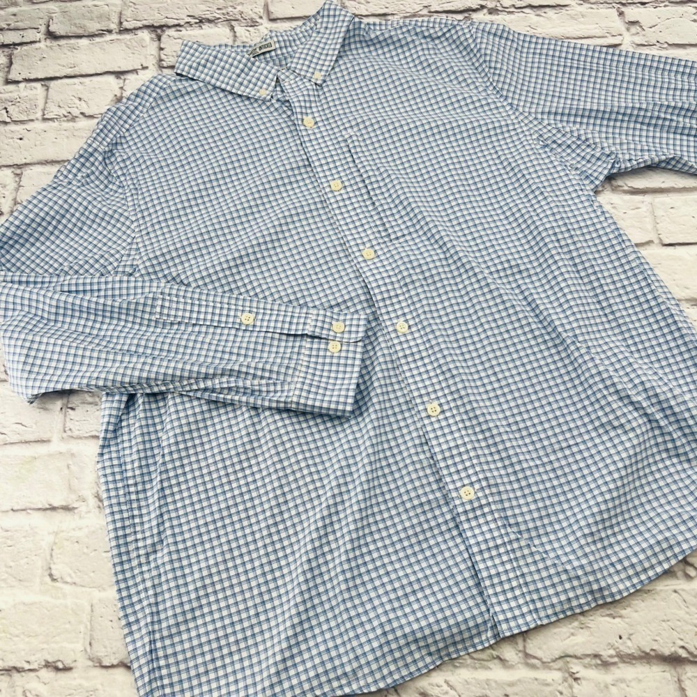Duluth Trading Co Mens XL Blue White Checkered Untucked Stretch Shirt 40324